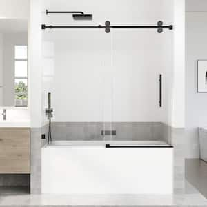 56-60 in. W x 66 in. H Sliding Frameless Bathtub Door in Black with 3/8 in. Tempered Clear Glass