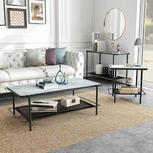 Mount Olive 3-Piece 47.75 in. Black and White Faux Marble Coffee Table Set with Open Shelf