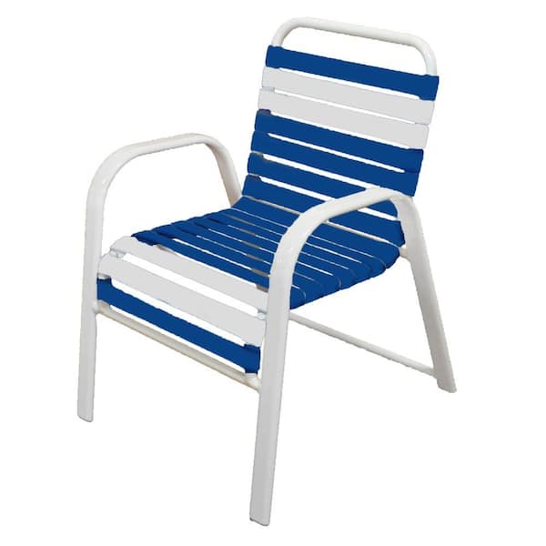 Unbranded Marco Island White Commercial Grade Aluminum Patio Dining Chair with Blue and White Vinyl Straps (2-Pack)