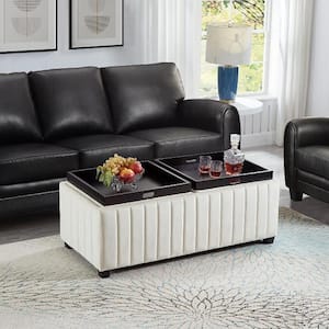 45 in. Modern Cube Coffee Table Velvet Storage Ottoman Bench Footrest with Coffee Tray for Living Room Bedroom, Beige