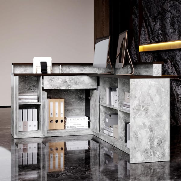 94.5 in. Width L-Shape Gray Marble Pattern Wood 1-Drawer Writing Desk, Water Bar Counter, Welcome Counter with 14-Shelf