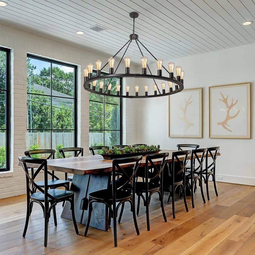 Extra Large Black Metal 24-Light Wagon Wheel Chandelier