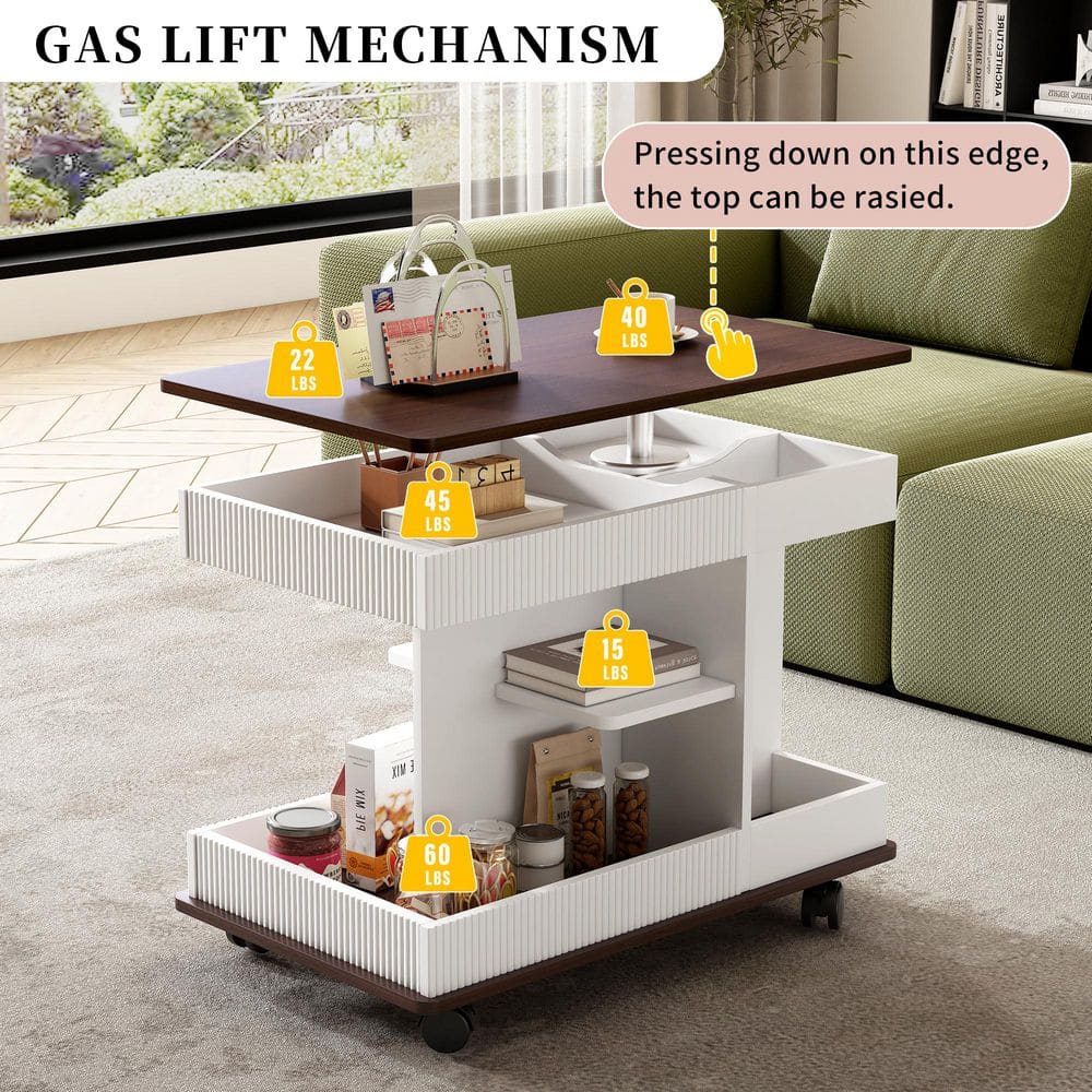29.5 in. White Rectangle MDF Lift Top End Table, Side Table with 360° Rotating Tabletop Storage & Lockable Caster - thumbnail 7