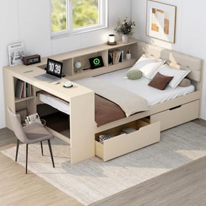 White Wood Frame Full Platform Bed with Upholstered Headboard, Storage Shelves and Charging Station