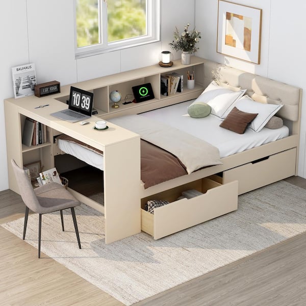 Qualler White Wood Frame Full Platform Bed with Upholstered Headboard, Storage Shelves and Charging Station