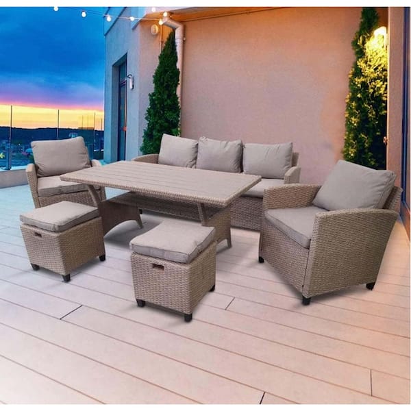 Zeus & Ruta 6-Piece Natural Wicker Outdoor Patio Sectional Sofa Set with Gray Cushions, Stools and Table