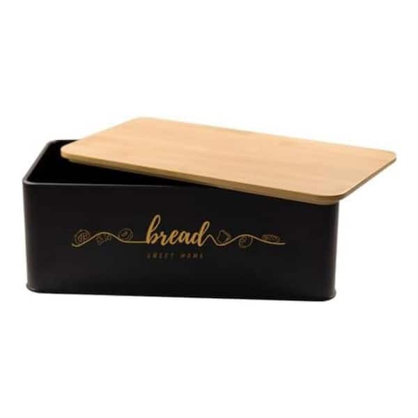 1-Piece Bread Box with Bamboo Cutting Board Lid, Metal Bread Storage Container for Kitchen Countertop, Black
