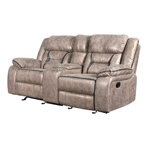 Benjara 36 in. Gray Solid Leather 2-Seater Console Loveseat with Cup Holders and Hidden Storage