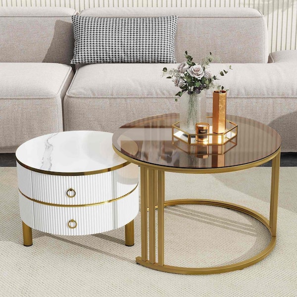 47.96 in. Golden/White Round MDF Coffee Table with 2 Drawers and Stackable Feature