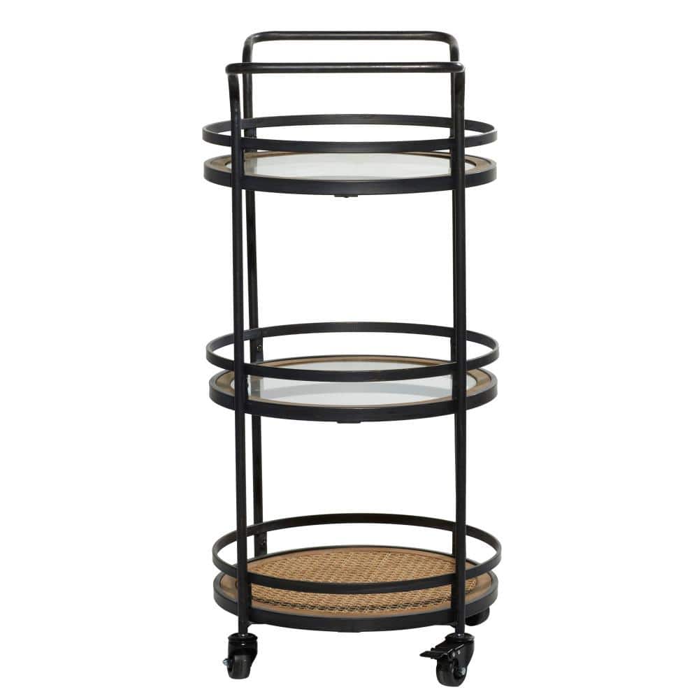 21'' Brown Metal and Rattan Round Bar Cart with Glass Shelves