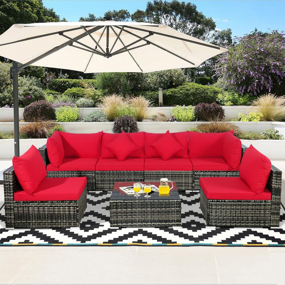 Red 7-Piece Outdoor Wicker Sectional Sofa Set with Cushions