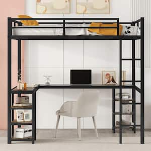 Modern Industrial Black Full Size Loft Bed with Desk and Storage Shelves Metal Loft Bed Frame for Kids, Students, Teens