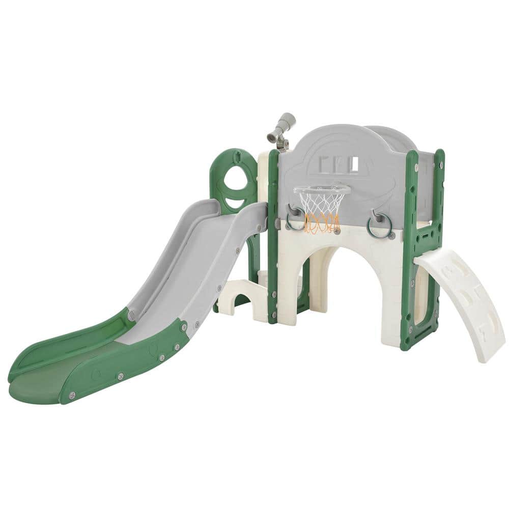 Green 7-In-1 Freestanding Spaceship Set with Slide, Arch Tunnel, Ring Toss 