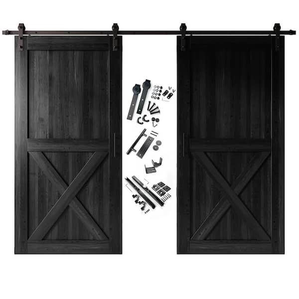 HOMACER 42 in. x 96 in. X-Frame Black Double Pine Wood Interior Sliding Barn Door with Hardware Kit, Non-Bypass