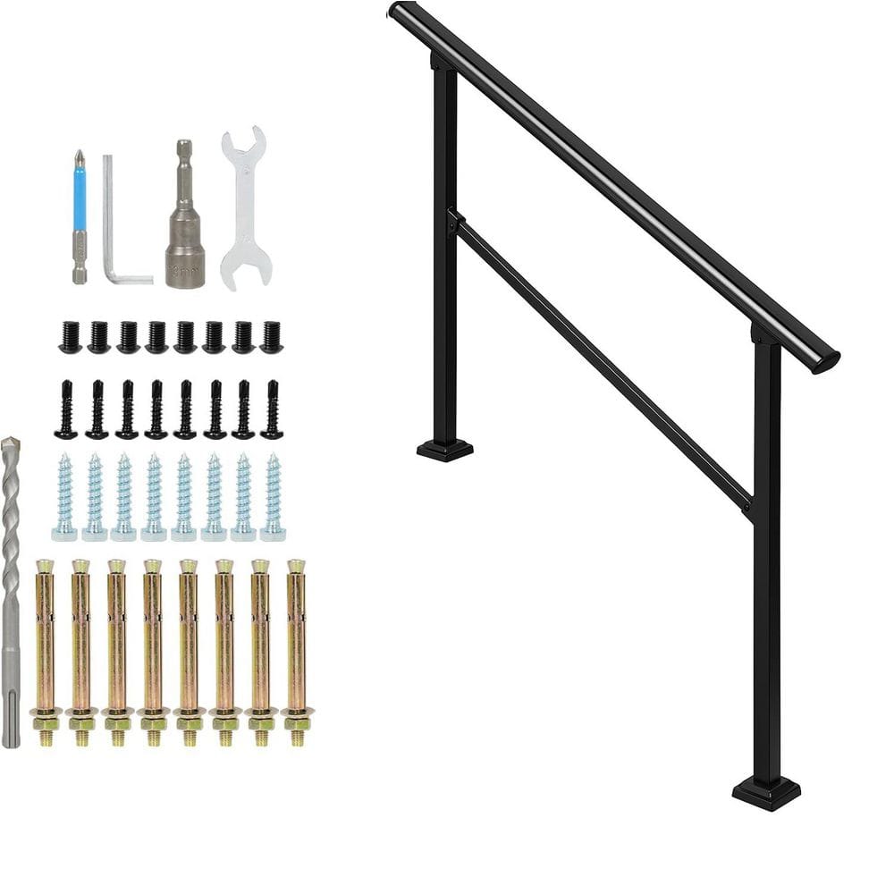 56.5 in. Wrought Iron Metal Steel Handrail for 4 Step Stairs Adjustable Outdoor Stair Railing Black price history on PriceWatchPro