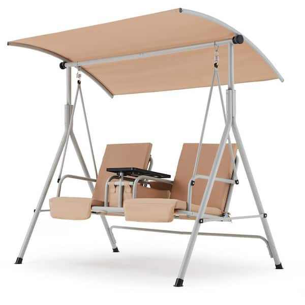 HOMMOW 2-Person Outdoor Metal Patio Swing with Optional Canopy, Porch Swing with Stand, Pivot Storage Table, Cup Holders, Beige