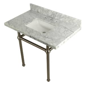 Square-Sink Washstand 36 in. Console Table in Carrara with Metal Legs in Brushed Nickel