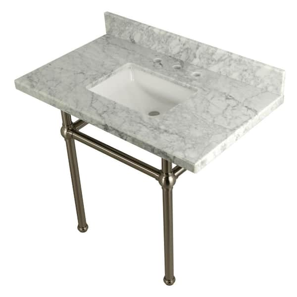 Kingston Brass Square-Sink Washstand 36 in. Console Table in Carrara with Metal Legs in Brushed Nickel