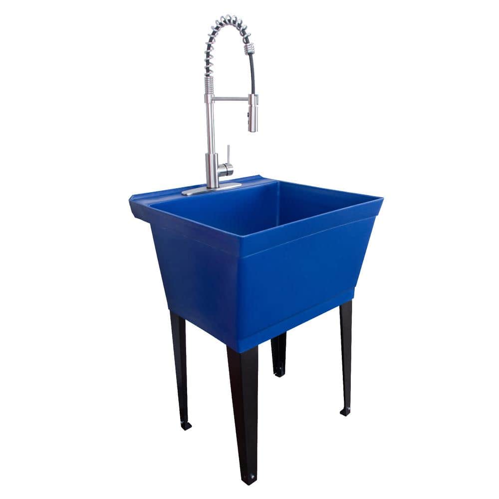 TEHILA 22.875 in. x 23.5 in. Thermoplastic Floor Mount Utility Sink in Blue  with High-Arc Stainless Steel Coil Pull-Down Faucet 040 US6510BLSS - The