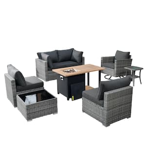 Daffodil Y Gray 8-Piece Wicker Patio Storage Fire Pit Conversation Set with a Swivel Rocking Chair and Black Cushions