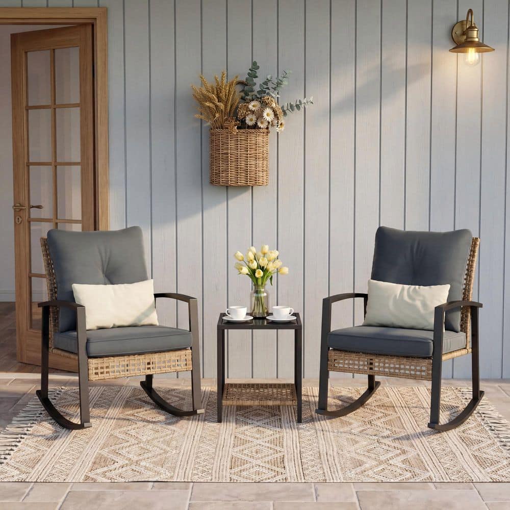 UPC 796018053502 product image for Brown 3-Piece Wicker Outdoor Rocking Chair Set with Lumbar Pillows and Coffee Ta | upcitemdb.com