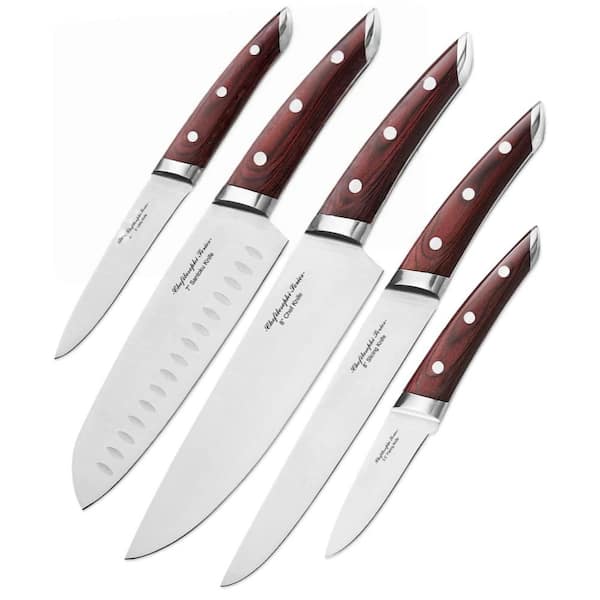 5-Pack Japanese Chef Knife Set with Red Pakkawood Handle Ergonomic Design