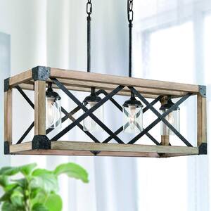 Modern Farmhouse Wood Island Chandelier, 4-Light Rustic Hammered Black Rectangular Pendant Light with Clear Glass Shades