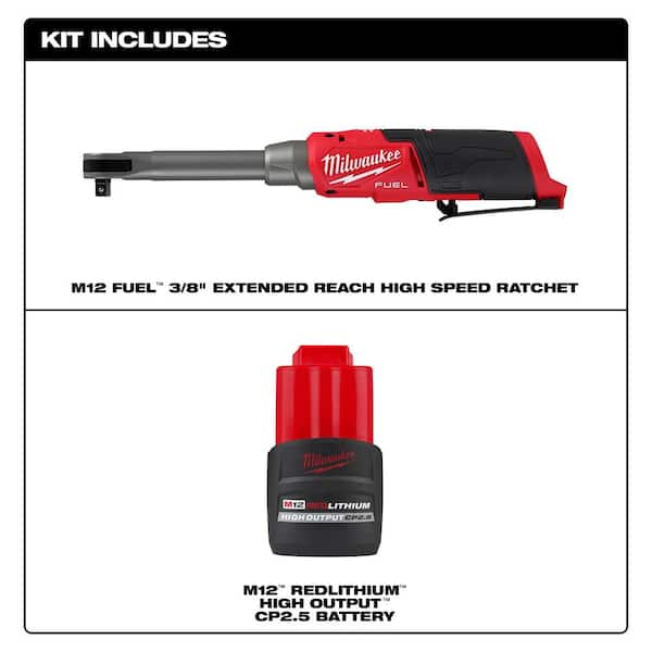 Milwaukee M12 Fuel 3/8 in. Extended Reach High Speed Cordless Ratchet w/3/8 in. Right Angle Impact Wrench & (2) 2.5 Ah Batteries