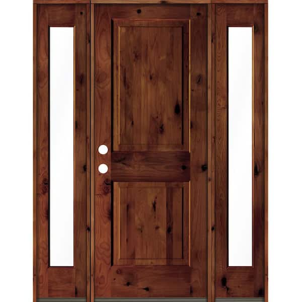 Krosswood Doors 58 in. x 80 in. Rustic Knotty Alder Square Top Red Chestnut Stained Wood Right Hand Single Prehung Front Door
