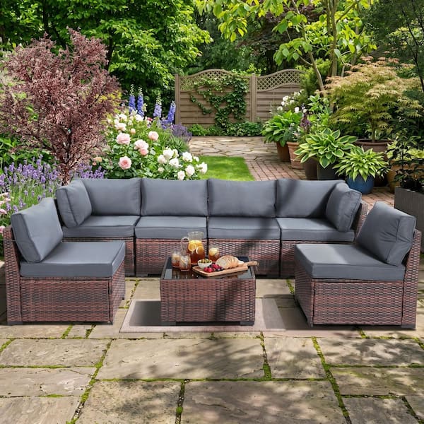 Brown 7-Piece Wicker Outdoor Sectional Set Patio Rattan Furniture Set with Gray Cushions and Coffee Table for Garden