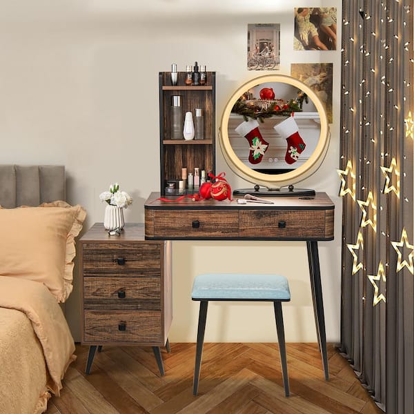 Vanity Makeup Table Set 3-Color Dimmable Human Body Induction LED Light Brown