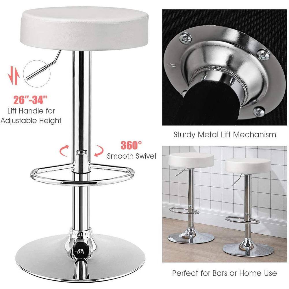White Adjustable Swivel Backless Leather Bar Stools, Set of 2