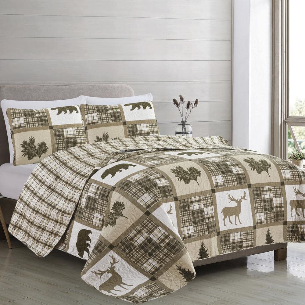 Multi-Colored/Taupe Lodge Patchwork Full/Queen Microfiber 3-Piece Quilt Set Bedspread
