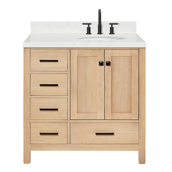 Cambridge 36 in. Single Sink Freestanding Bathroom Vanity in Oak with Carrara White Quartz Top