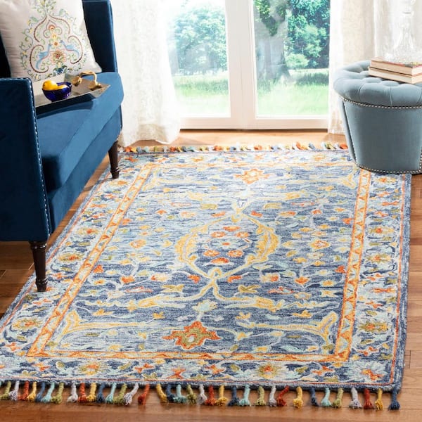 Aspen 10 ft. x 14 ft. Blue/Rust Border Floral Area Rug