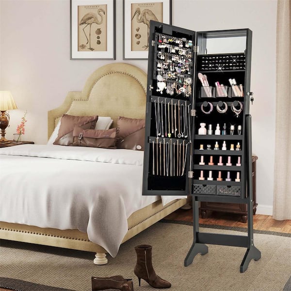 Black LED Mirror Jewelry Cabinet with 20 LED Lights Full-Length Mirror Adjustable Angles