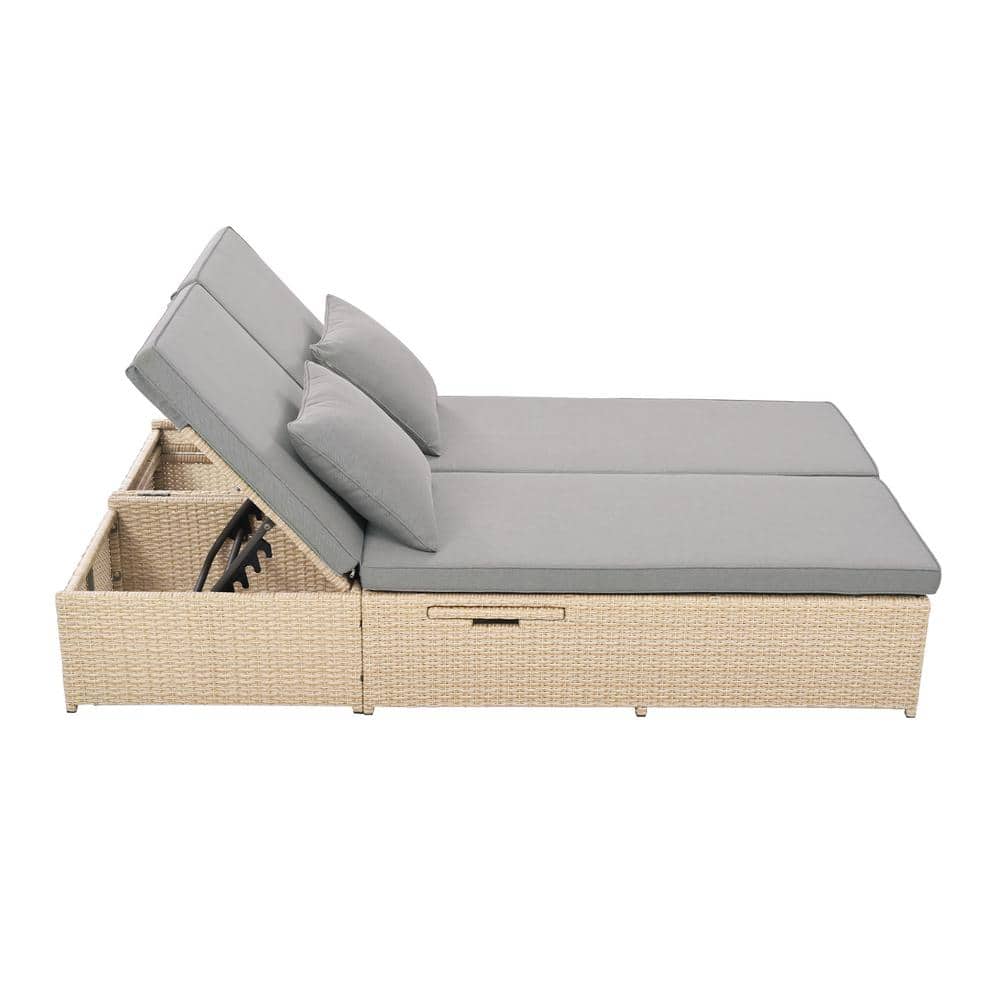 Brown Double Sunbed Wicker Outdoor Rattan Patio Lounge Chair with Gray Cush