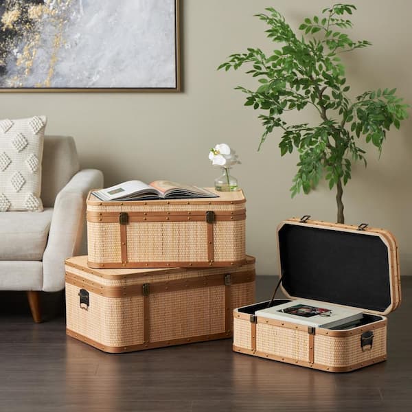 28 in., 26 in. and 23 in. Light Brown Rattan Woven Trunk with Brass Metal Latches and Brown Wooden Accents (Set of 3)