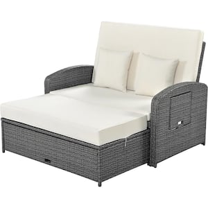 Wicker Outdoor Double Chaise Lounge 2-Person Reclining Daybed with Adjustable Back and White Cushions