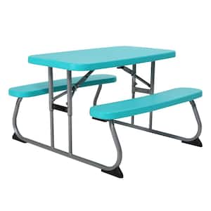 35.4 in. Aqua Blue Rectangle Steel and Resin Kids Picnic Table Seats 4