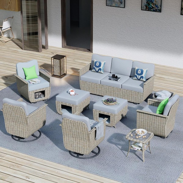 XIZZI Aphrodite 8-Piece Wicker Patio Conversation Seating Sofa Set with Gray Cushions and Swivel Rocking Chairs