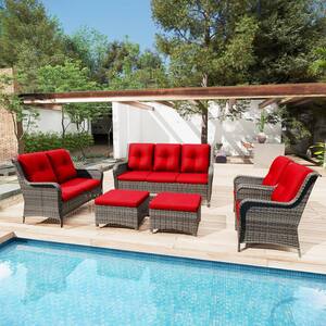 6-Piece Steel Outdoor Patio Conversation Seating Set Backyard Garden with Red Cushions