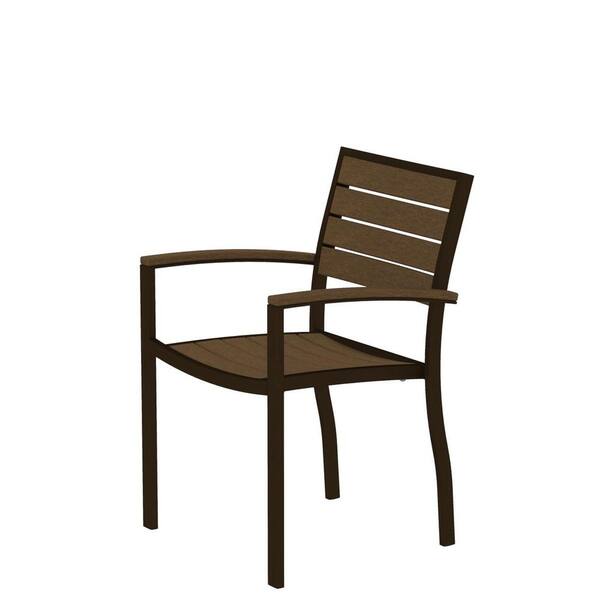 POLYWOOD Euro Textured Bronze Patio Dining Arm Chair with Teak Slats