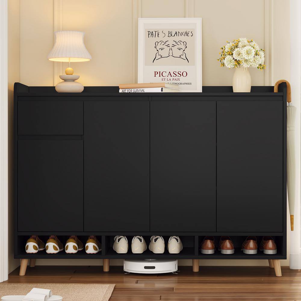 Black Sleek and Contemporary Shoe Storage Cabinet with Drawer, Adjustable Shelves and Solid Wood Legs