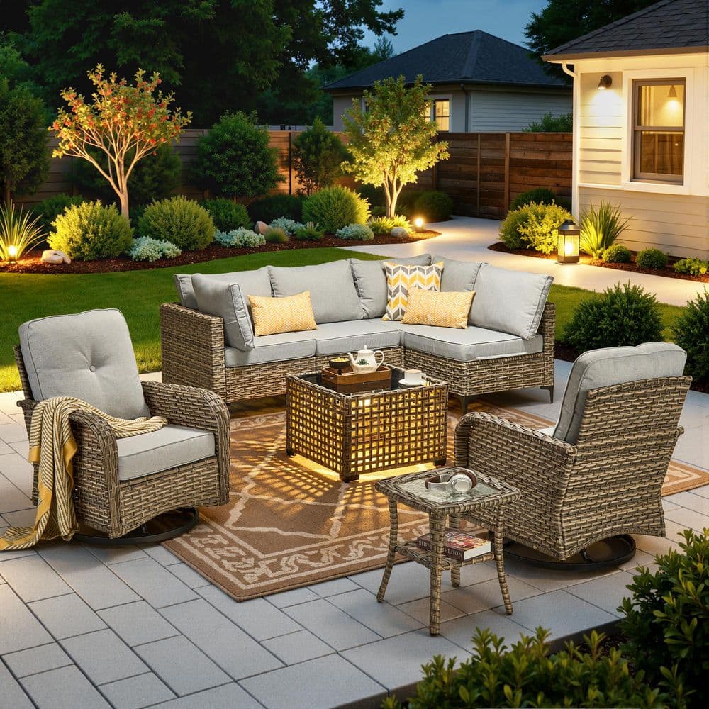 Reno 8-Piece Wicker All-Weather Outdoor Patio Conversation Sectional Set with Swivel Chairs and Light Gray Cushions price history on PriceWatchPro