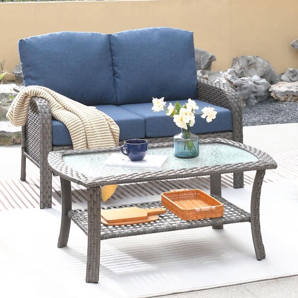 weaxty W Hyacinth Gray 2-Piece Wicker Patio Outdoor Conversation Loveseat Set with a Coffee Table and Denim Blue Cushions