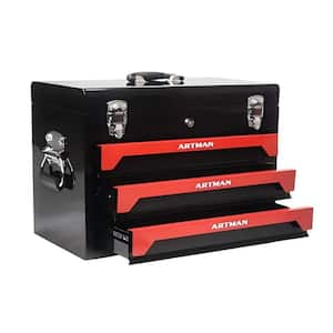 20 in. Portable 3 Drawer Steel Tool Box with Metal Latch Closure, Black and Red