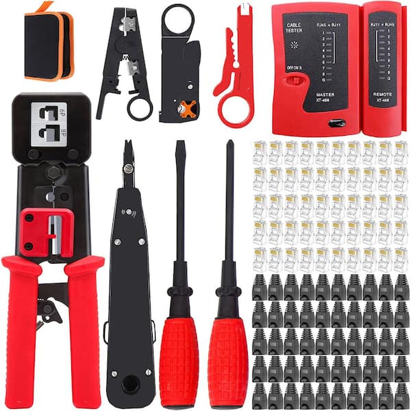 102-Piece Pass Through Crimping Tool Kit with Cable Tester Wire Stripper Punch Down Tool for RJ45 CAT6 Ethernet