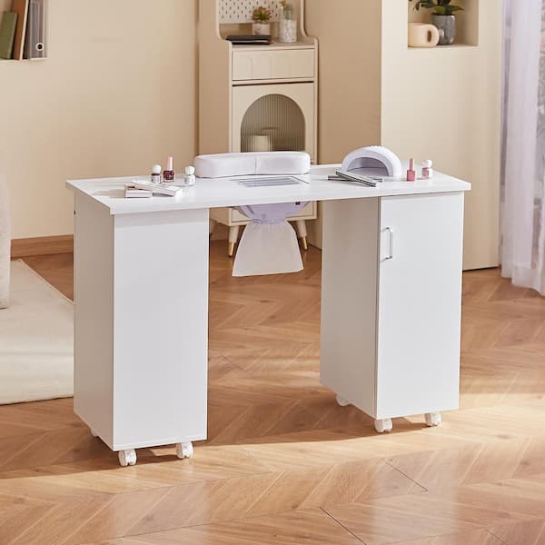 SKYSHALO Manicure Table, 17.72 in. Rectangular, White Particle Board, 1-Desk with Door, Shelves and Glass Top, Nail Table Station