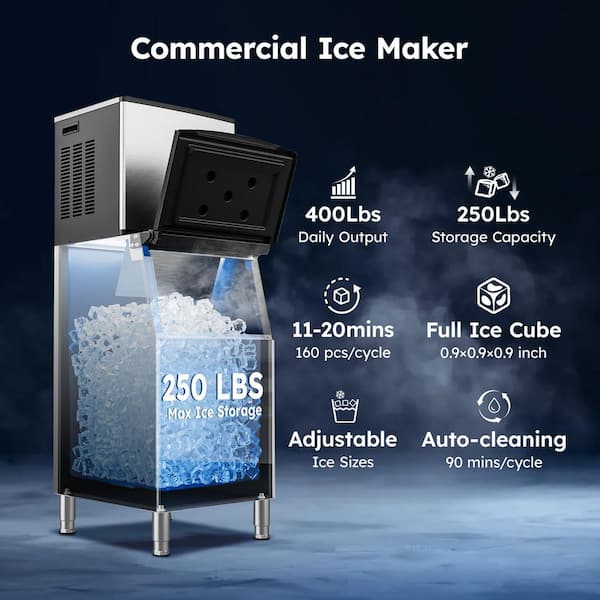 23 in. 400 lb./24H Full Size Cubes Freestanding Ice Maker in Silver, Auto-Cleaning and Programmable Ice-Making